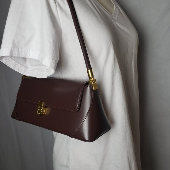 Tomato Potato Baguette Style Shoulder Handbag Brown with Gold Accents 11"x5"x4" - Picture 2 of 14